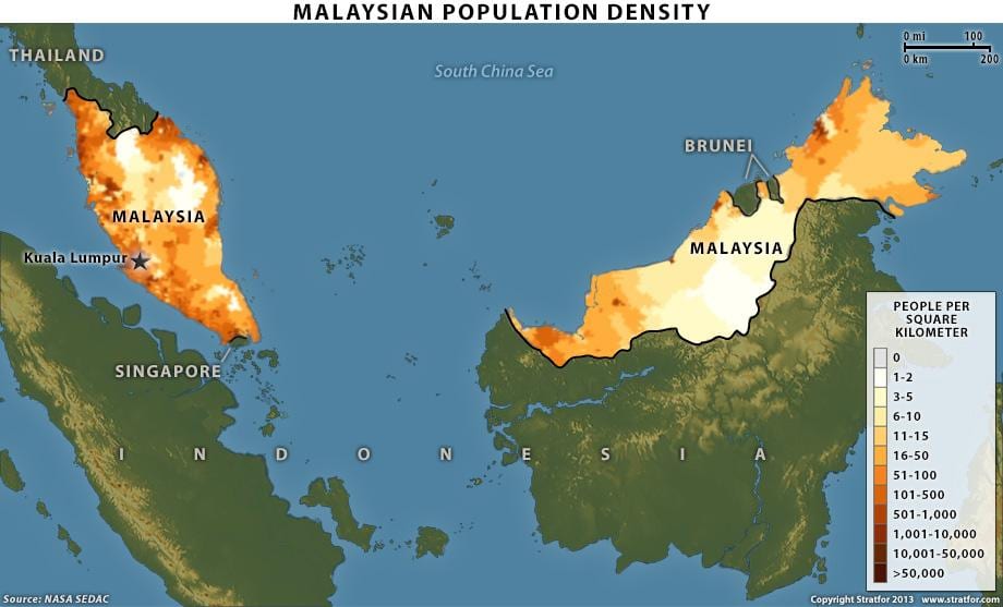 malaysiska befolkningstäthet karta